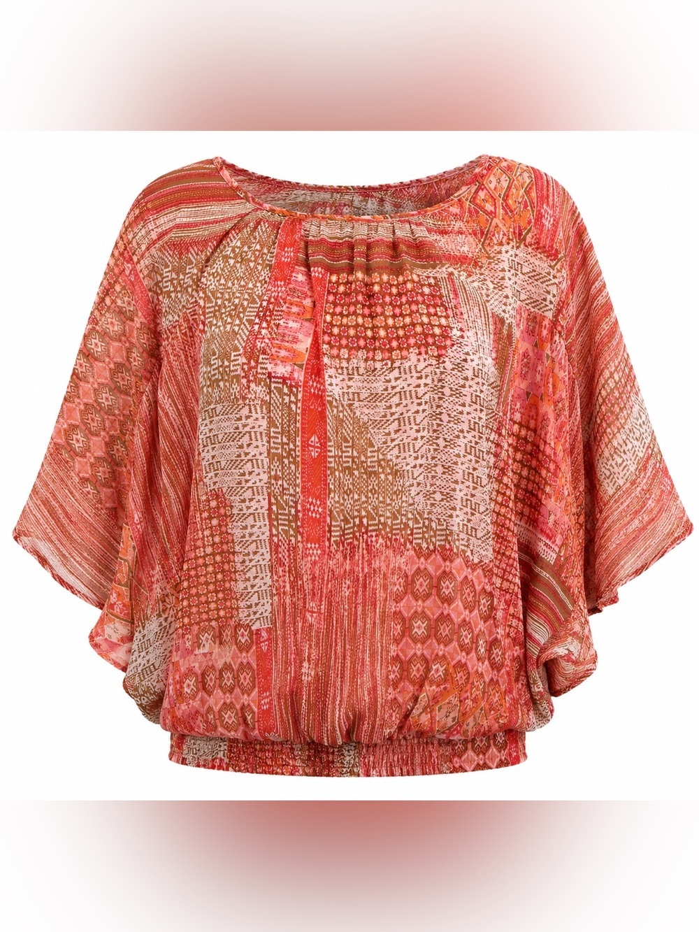 Sara Michelle 2X Coral Boho Patchwork Chiffon Blouse Batwing Sleeve Overlay Top